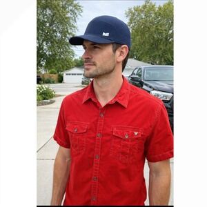 Guess Mens XL Red Short Sleeve Button‎ Up Shirt Herringbone Contrast Stitch